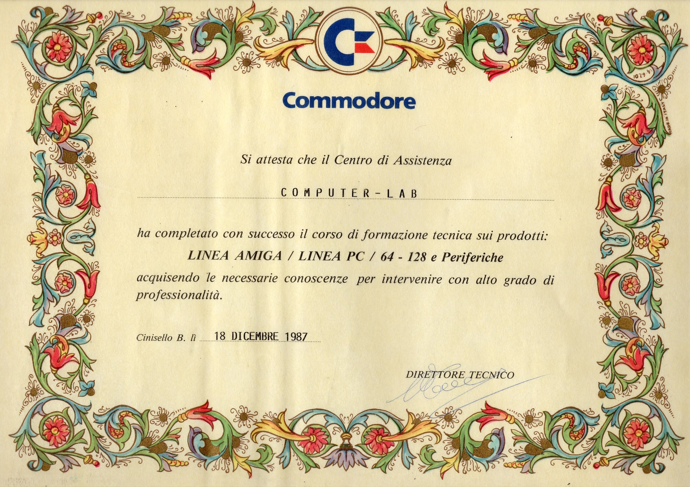 Lo "storico" certificato rilasciato da Commodore Italiana a Computer Lab